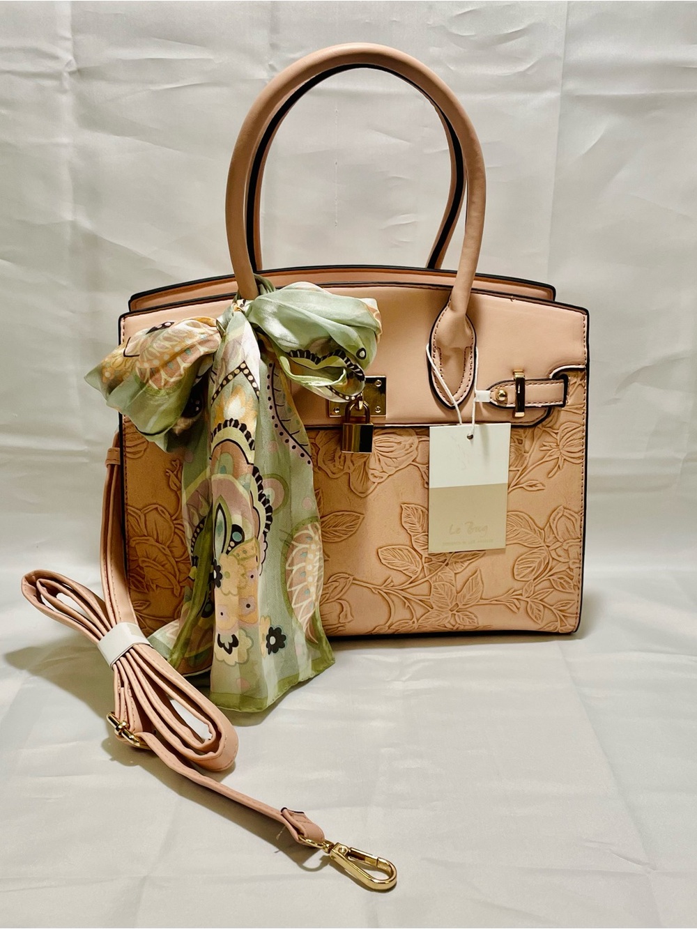 Blush Pink Floral-Embossed Crossbody Tote with Decorative Scarf